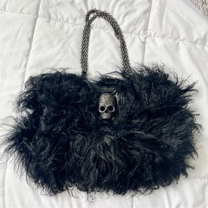 Black Mongolian Lamb Fur Crystal Skull Tote